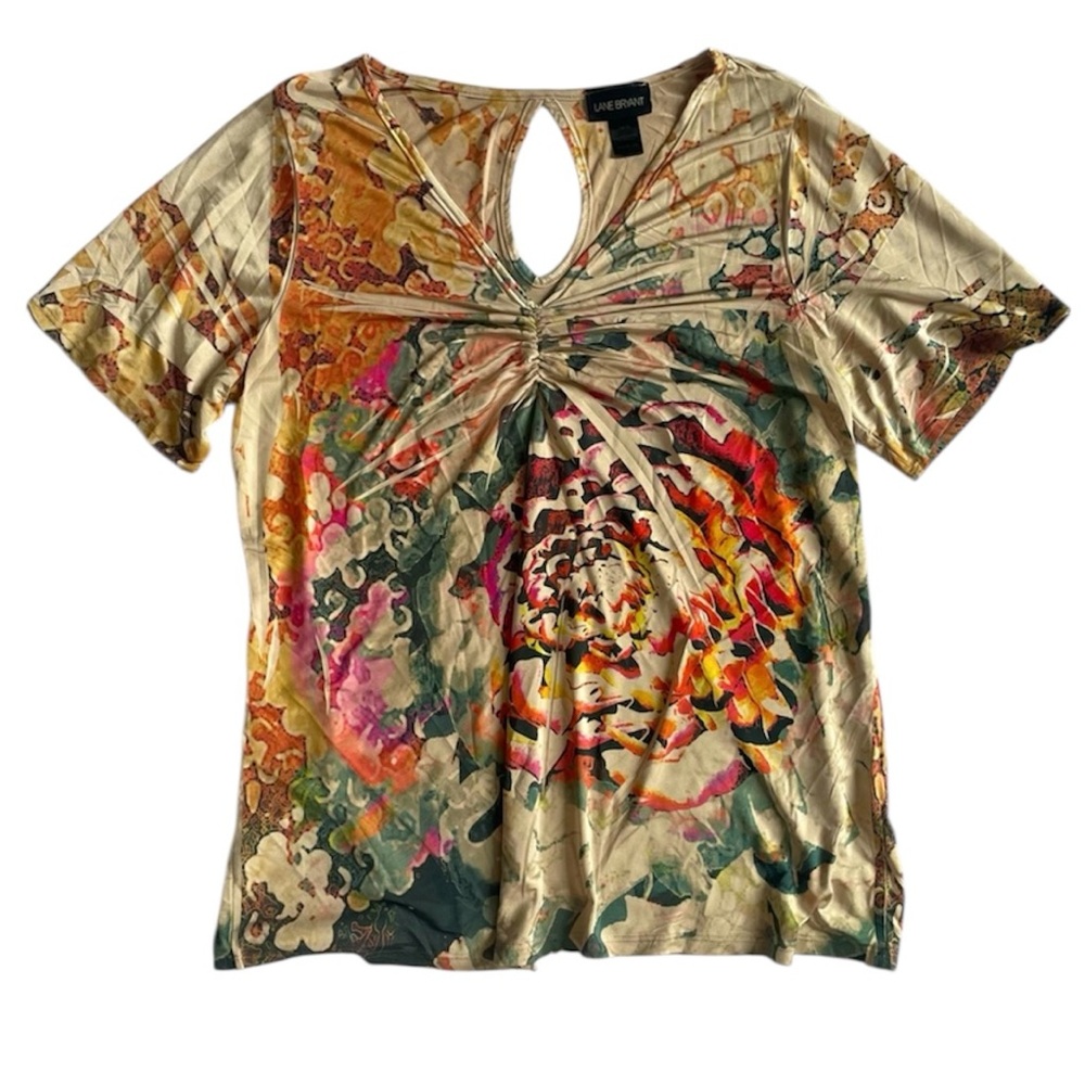 Lane Bryant Floral V- Neck Blouse Womens 14 Rose gathered front